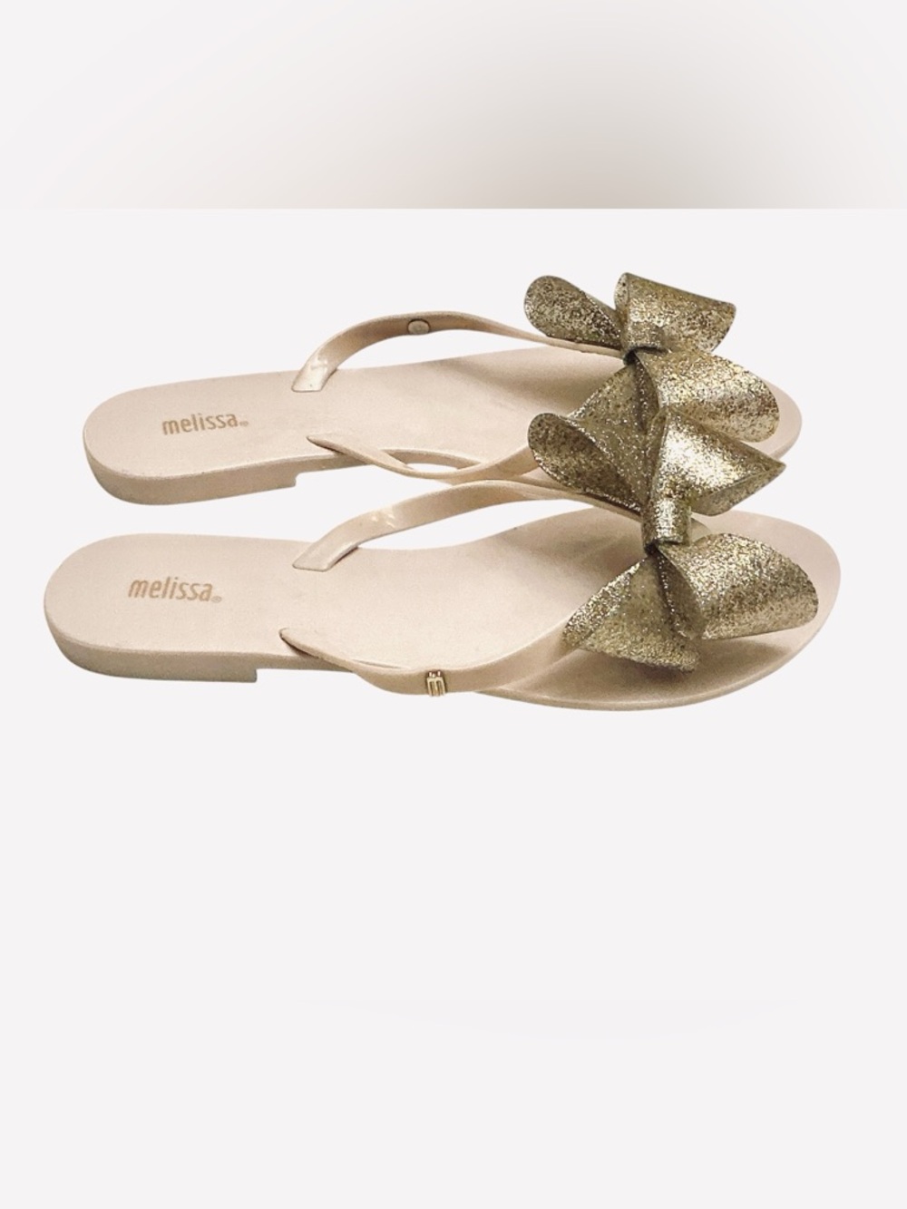 Melissa Harmonic Bow III PVC Gold Glitter Bow Flat Thong Flipflop Sandal Size: 8 - Picture 10 of 15